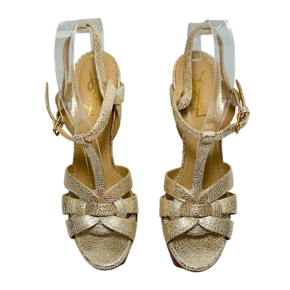 Saint Laurent Tribute High-Heel Leather Sandal in Metallic Gold size 40 | US 10
